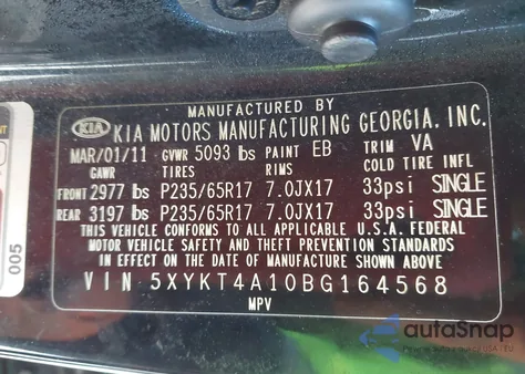 2011 Kia Sorento Lx из США, поврежденный, VIN 5XYKT4A10BG164568